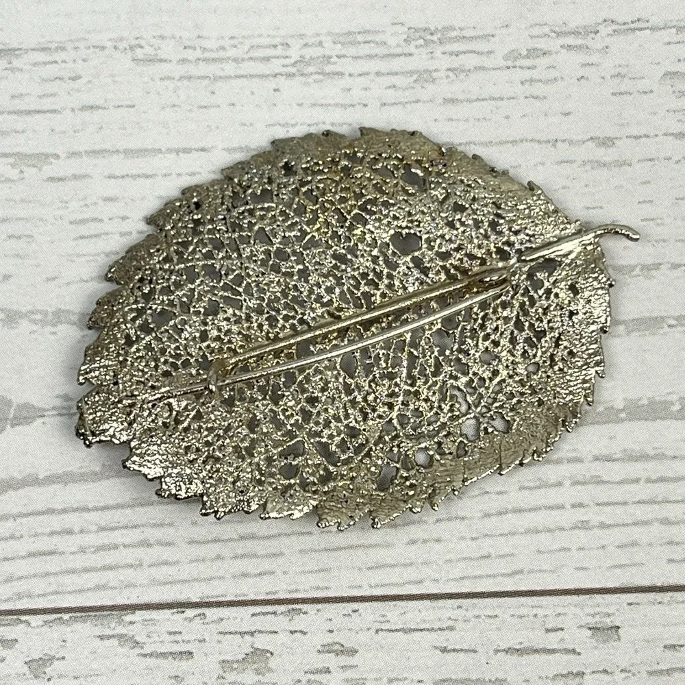 Real Skeleton Leaf Brooch Pin Silver Tone Metalized 2